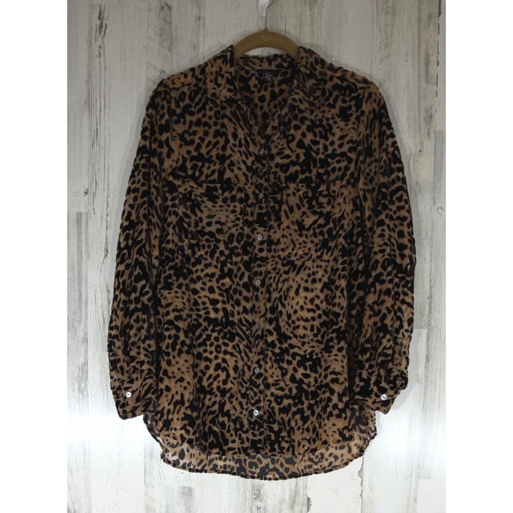 Intro Button Down Shirt Medium Petite Brown Leopard Velvet Burnout Sheer READ